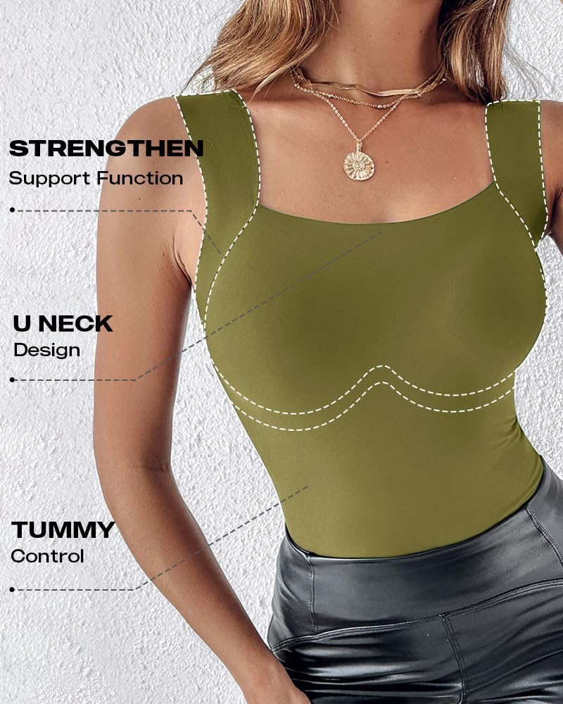 Vibecurve® Womens U Neck Shapewear Built-in Bra Tank High Strechy Sleeveless Slim Fit Tops Camisole Workout Tops