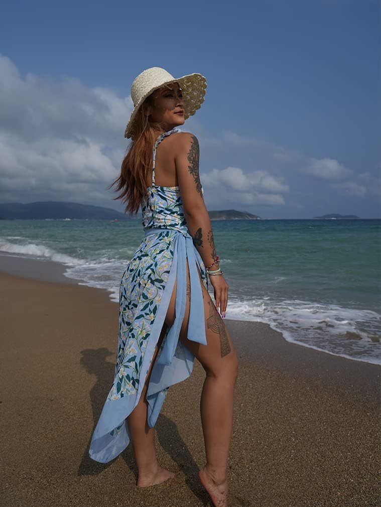 Vibecurve® Aprilake Women's Summer Square NeckSleeveless Swimsuit Bodysuit Tops Beach Skirt 2Piece Swimsuit Outfits