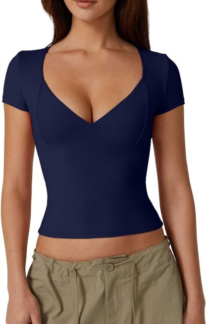 Vibecurve® Women's V Neck Short Sleeve T Shirts Double Lined Tee Seamed Cup Going Out Tops