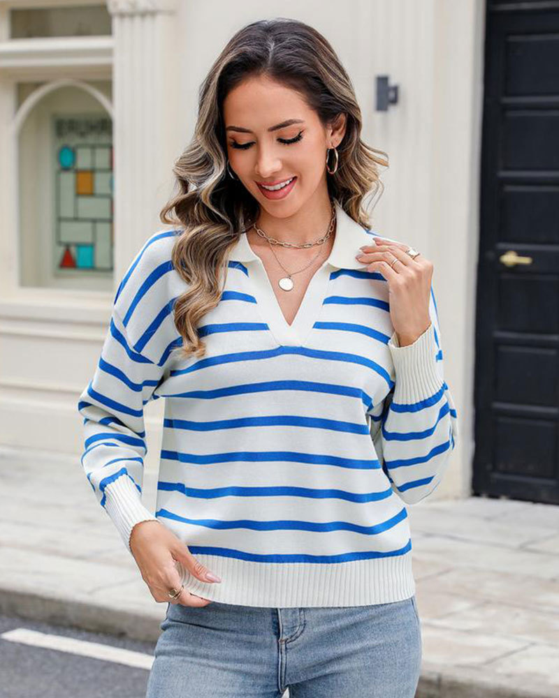 Vibecurve® Women's Knitting Pullovers Striped Casual Comfort Basic Long Sleeve V-Neck Sweater