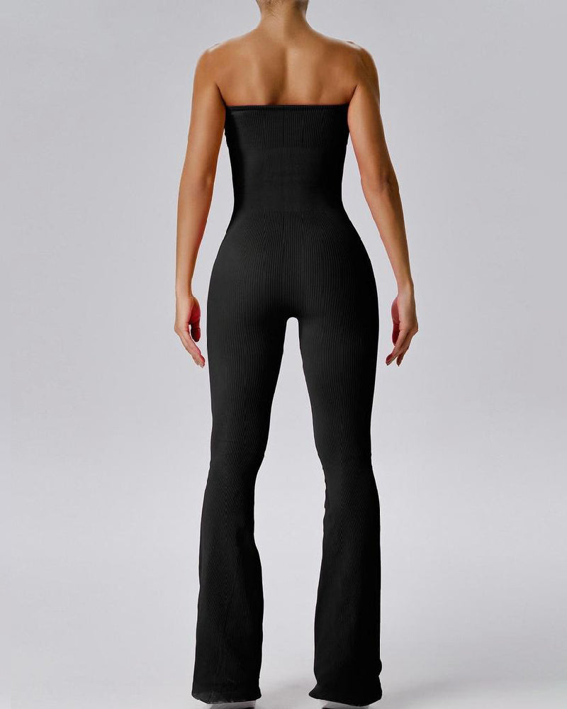 Vibecurve® Women's Ribbed Strapless Tube Top Flared Bottom Yoga Jumpsuit