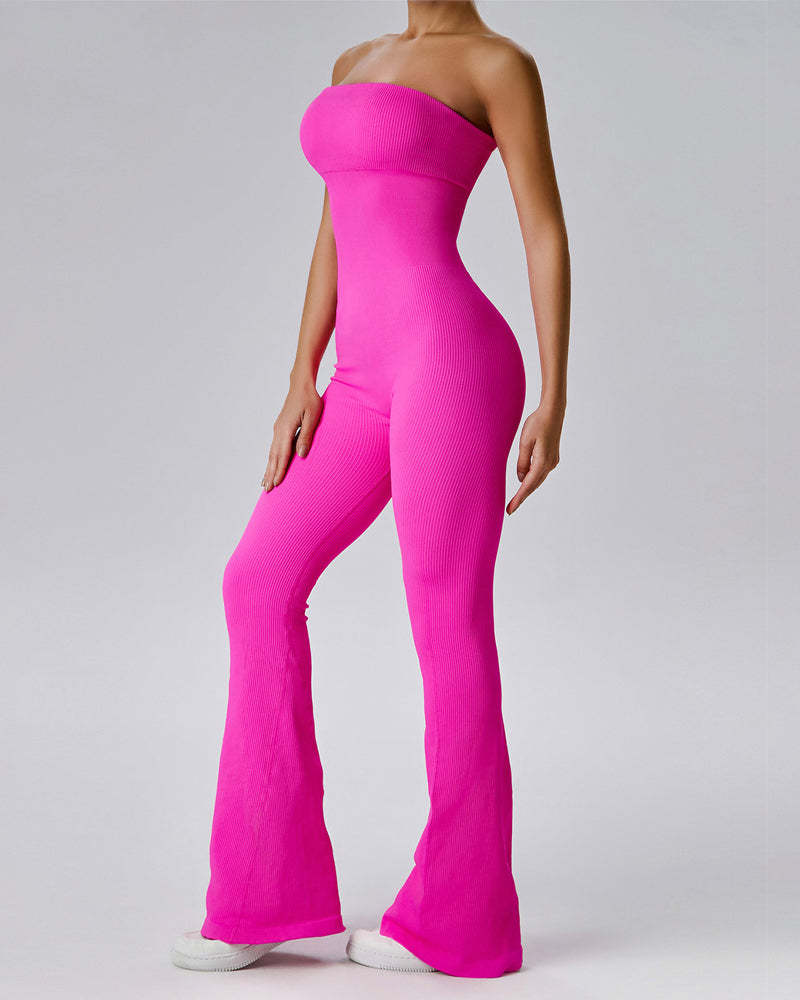 Vibecurve® Women's Ribbed Strapless Tube Top Flared Bottom Yoga Jumpsuit
