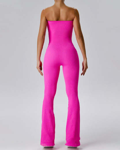 Vibecurve® Women's Ribbed Strapless Tube Top Flared Bottom Yoga Jumpsuit