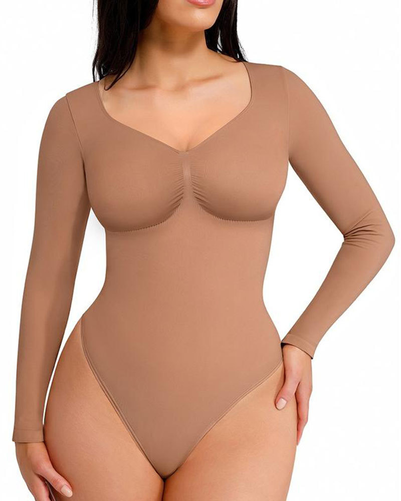 Vibecurve® Womenswear Seamless Sculpt Long Sleeve Thong Bodysuit for Tummy Control