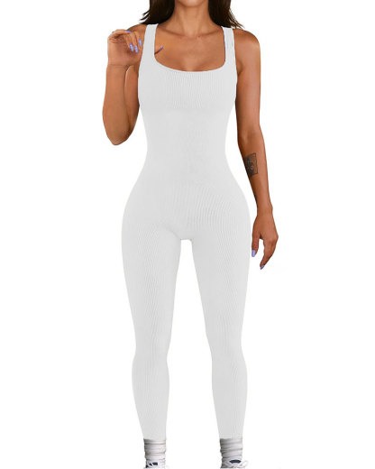 Vibecurve® Ribbed Sleeveless Square Neck Solid One Piece Unitard Jumpsuit Bodysuit