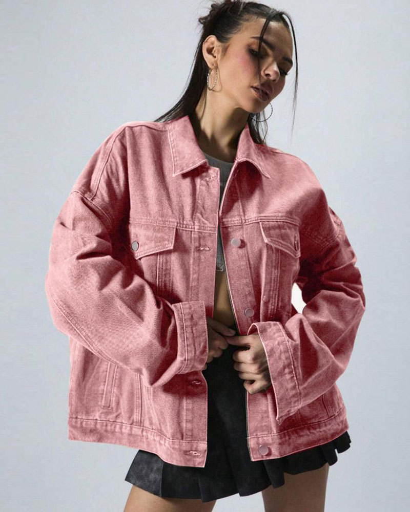 Vibecurve® Plain Button Front Drop Shoulder Denim Coat