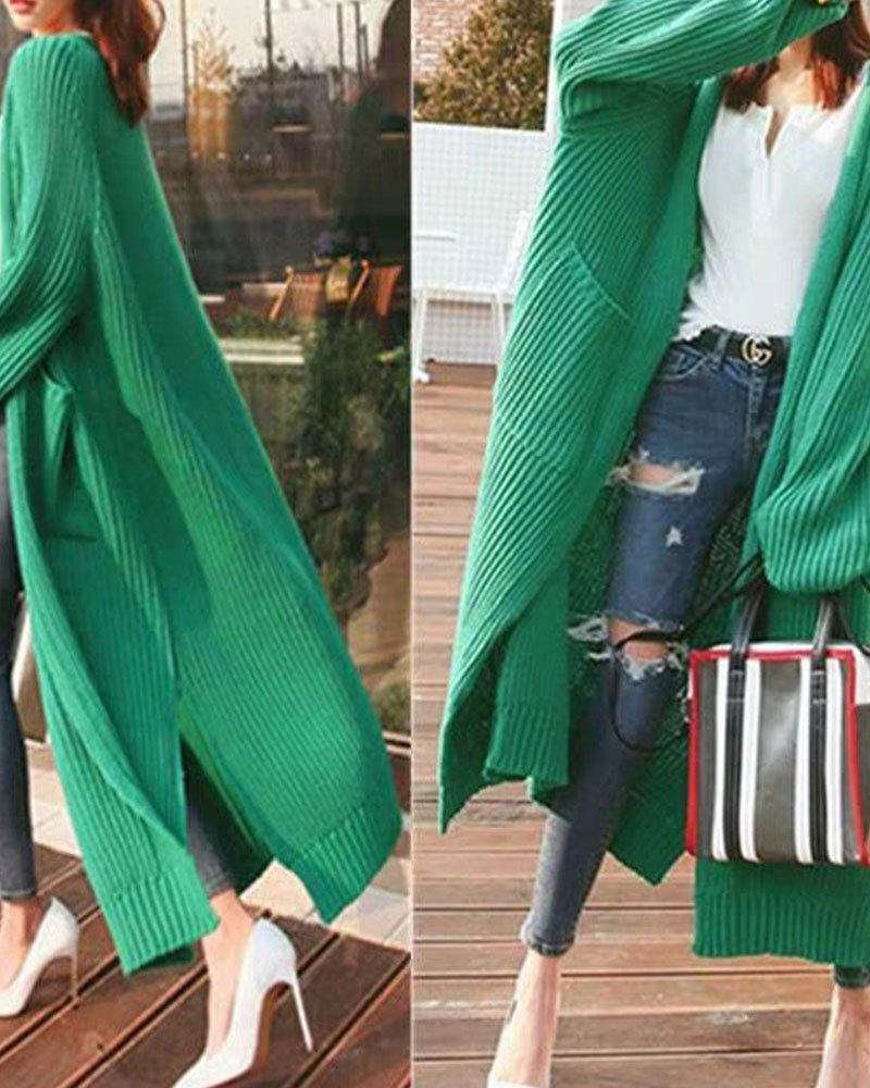 Vibecurve® Solid Drop Shoulder Long Cardigan