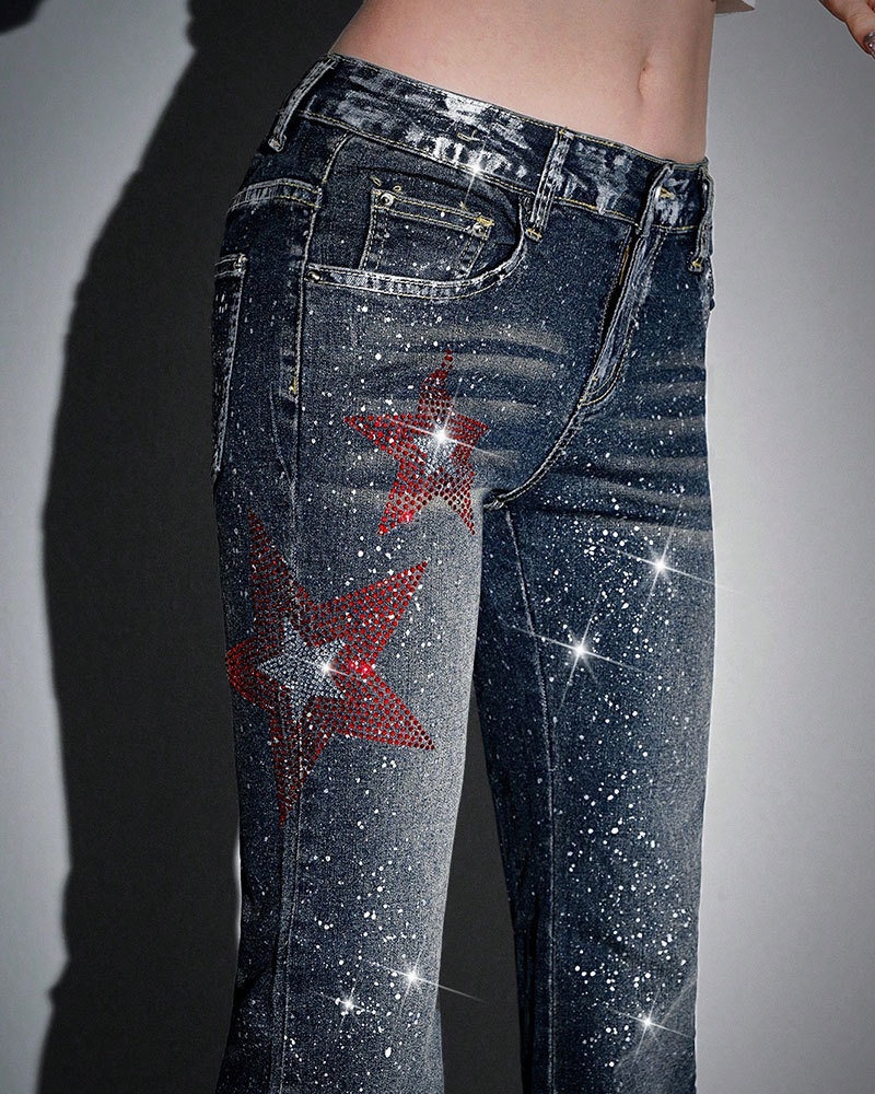 Vibecurve® Avant Y2K Sexy Low-Waist Skinny Star Foil Detail Flared Women Jeans