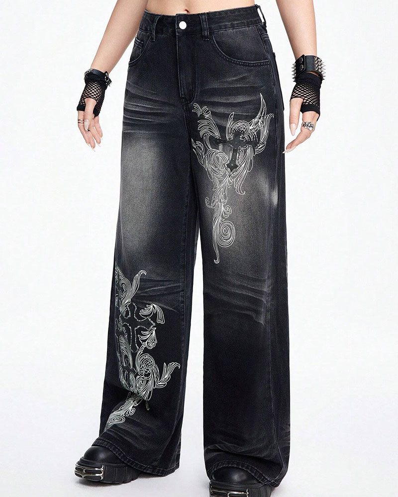 Vibecurve® Grunge Punk Women's Loose Fit Cross Patterned Pocket Flared Casual Jeans