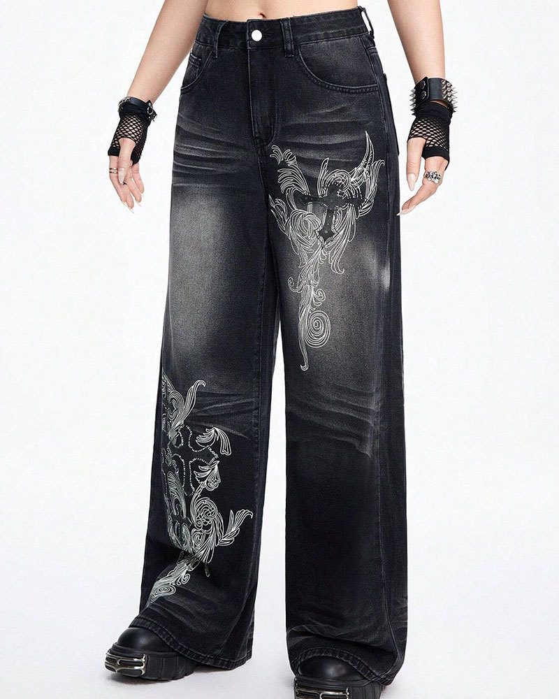 Vibecurve® Grunge Punk Women's Loose Fit Cross Patterned Pocket Flared Casual Jeans