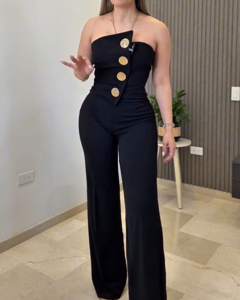 Vibecurve®Sexy Tube Top Button-Decorated Flared Jumpsuit