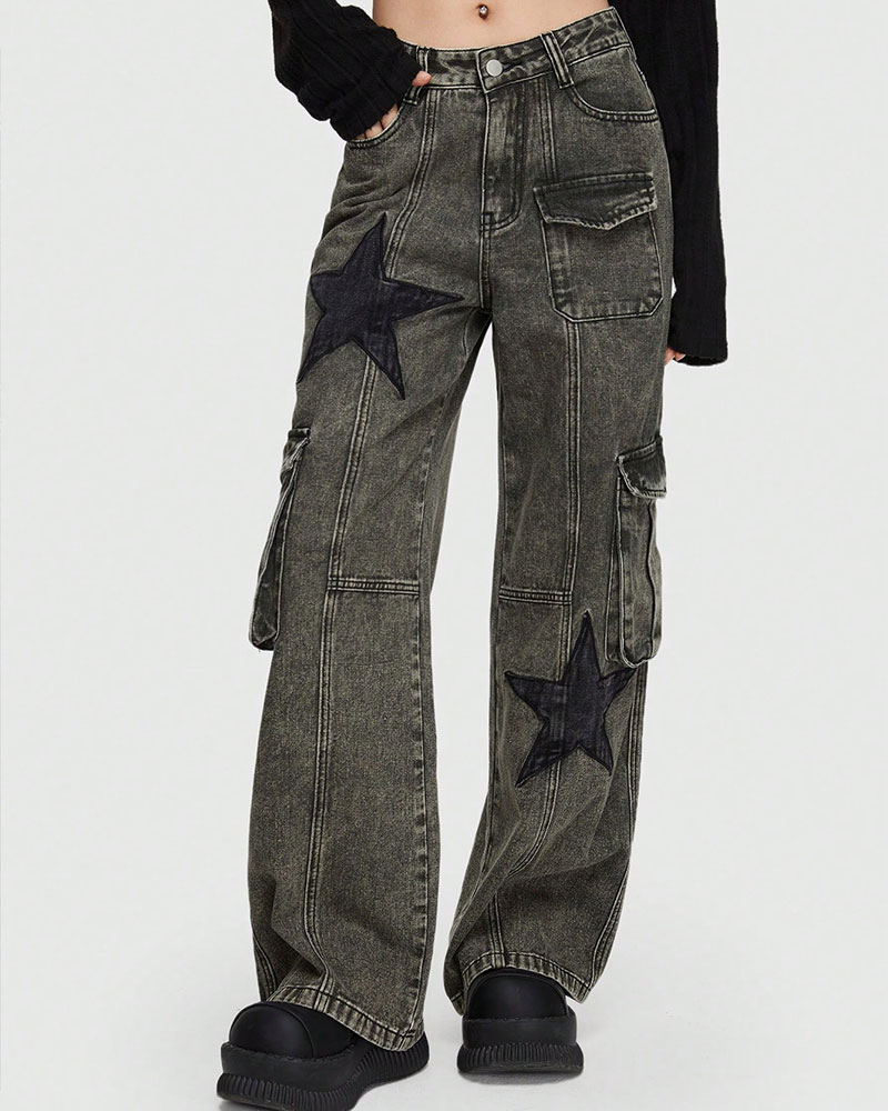Vibecurve® Grunge Punk Star Print Flap Pocket Cargo Jeans
