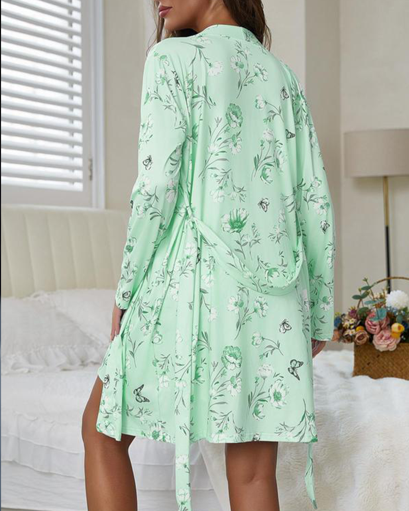 Vibecurve® Floral Print Belted Robe & Cami Nightdress Two-piece Set