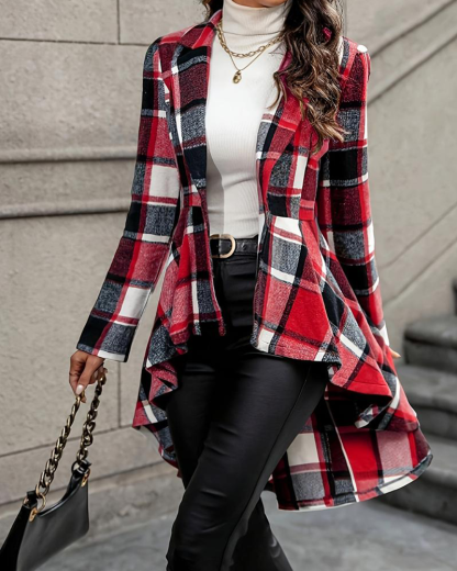 Vibecurve® Women's Plaid Print Button High Low Hem Jacket