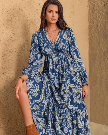 Vibecurve® Floral Print Contrast Lace Long Sleeve Ruffle Hem Dress