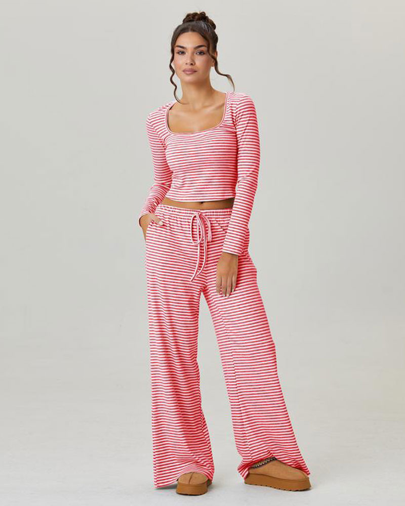 Vibecurve® Slouchy Square Neck Stripe Long Sleeve Crop Top & Low-Rise Wide Leg Trousers Co-ord