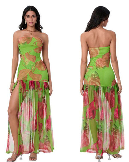 Vibecurve® Tube Top Dress Strapless Backless Mesh Patchwork Tropical Leopard Print High Slit Long Dress