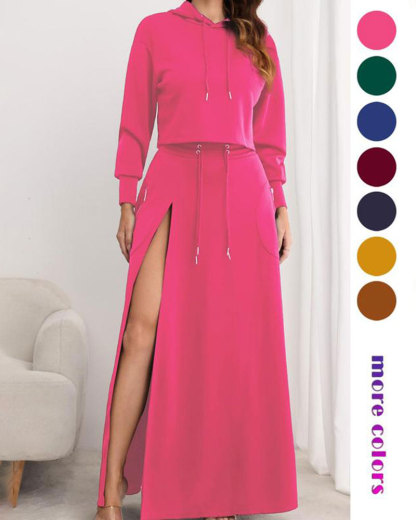 Vibecurve® Women's Solid Drawstring Hoodie & Split Thigh Skirt Set