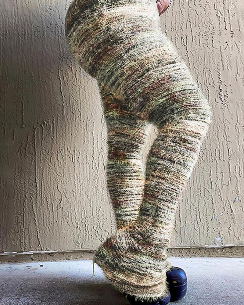 Vibecurve® Women's Striped Print Flare Leg Fuzzy Sweater Pants
