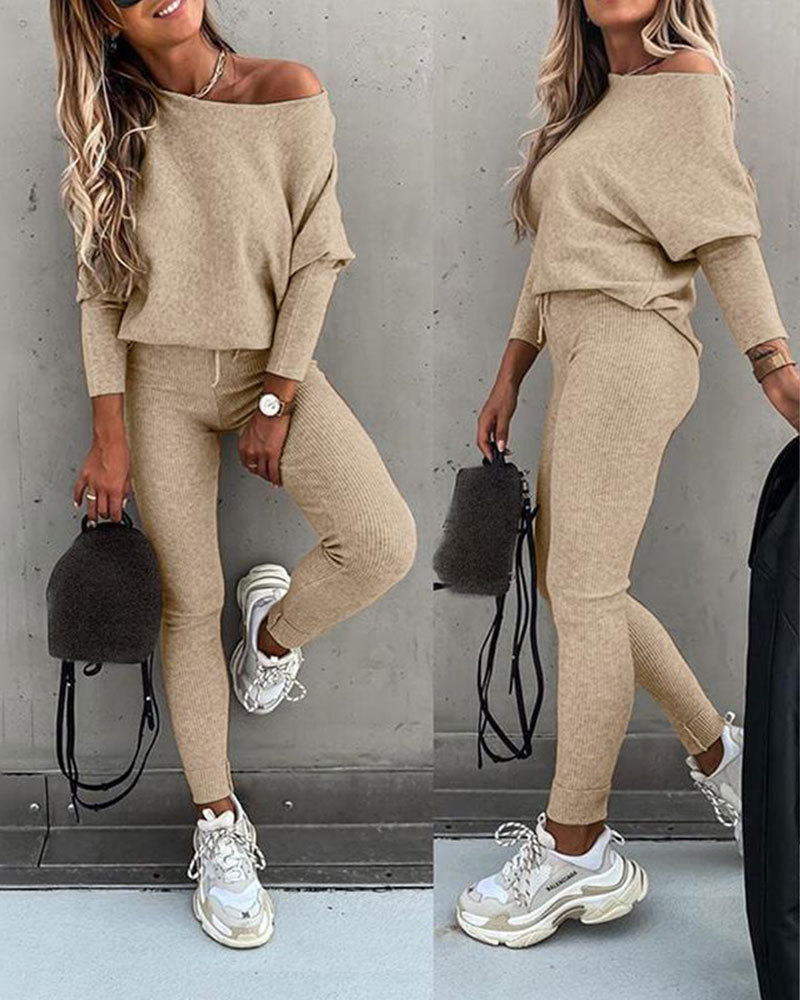 Vibecurve® Women's 2 Piece Lounge Outfit Long Sleeve Pullover Tops Drawstring High Waisted Pants Set
