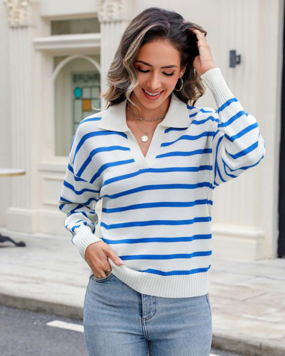 Vibecurve® Women's Knitting Pullovers Striped Casual Comfort Basic Long Sleeve V-Neck Sweater