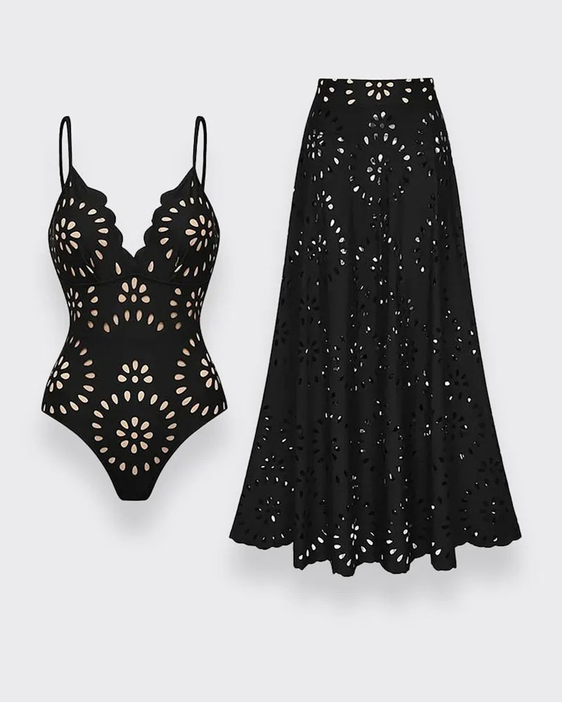 Vibecurve® Flower Hollow One Piece Swimsuit and Skirt
