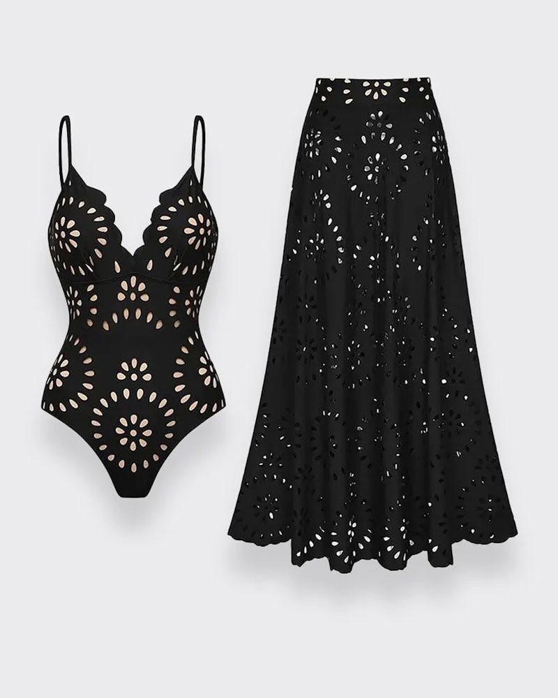 Vibecurve® Flower Hollow One Piece Swimsuit and Skirt