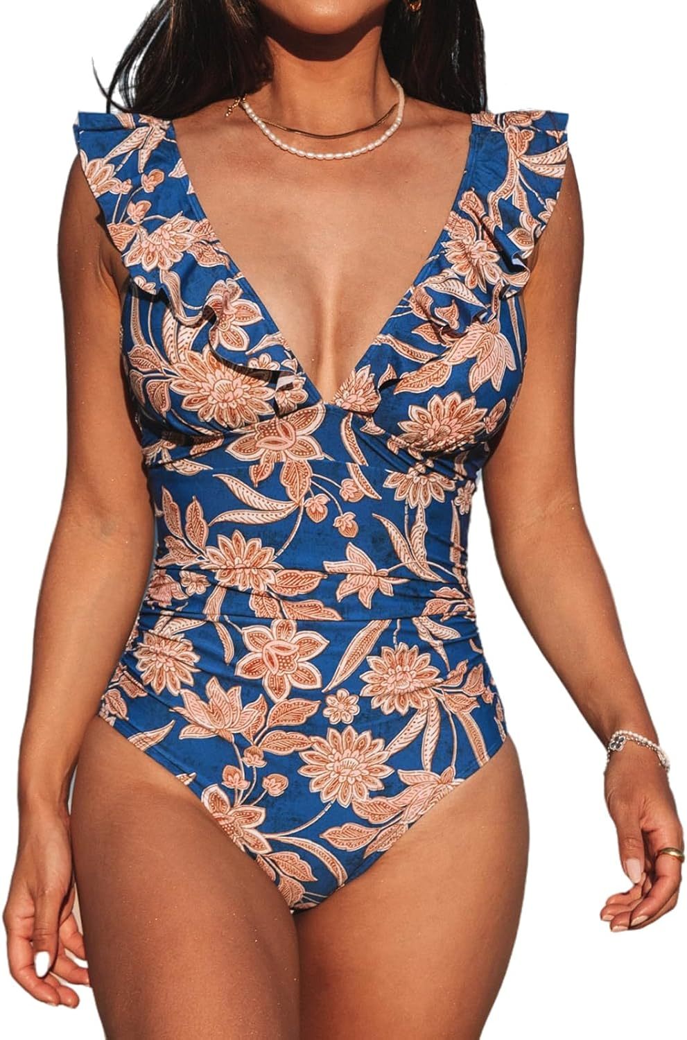 Vibecurve® Women's Ruffled One Piece Swimsuit V Neck Lace Up