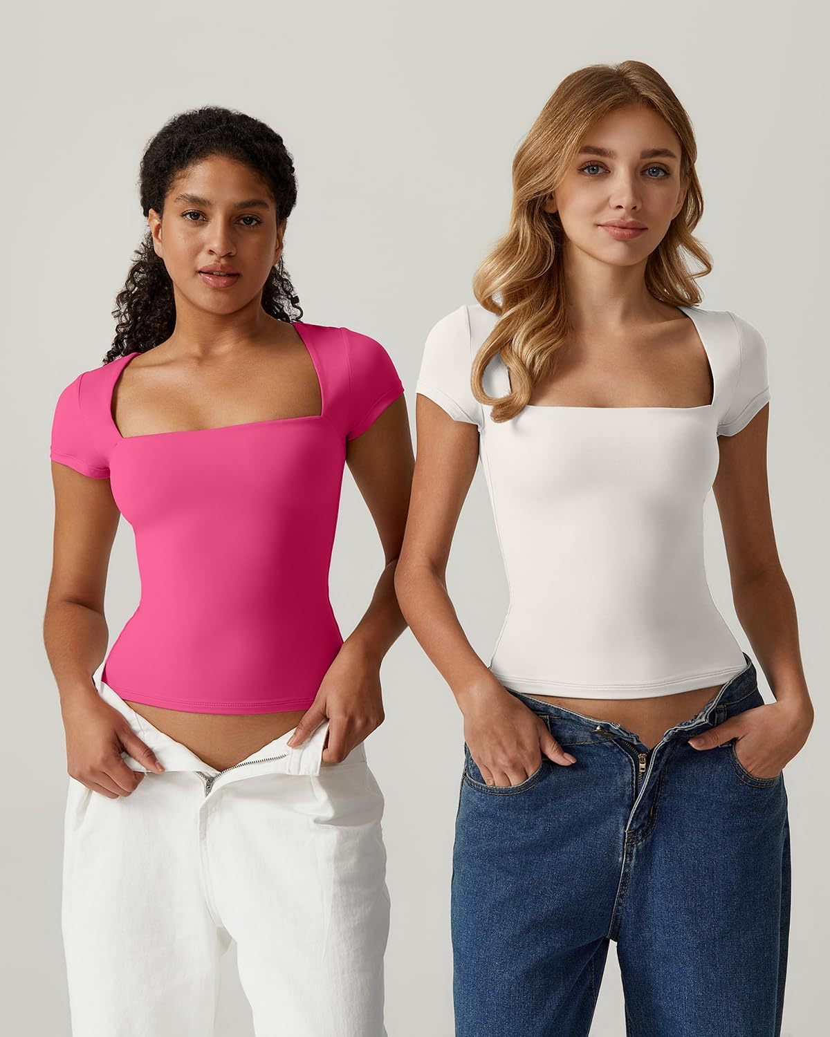 Vibecurve® Women's Square Neck Short Sleeve T Shirts Double Lined Basic Tee Slim Fit Tops