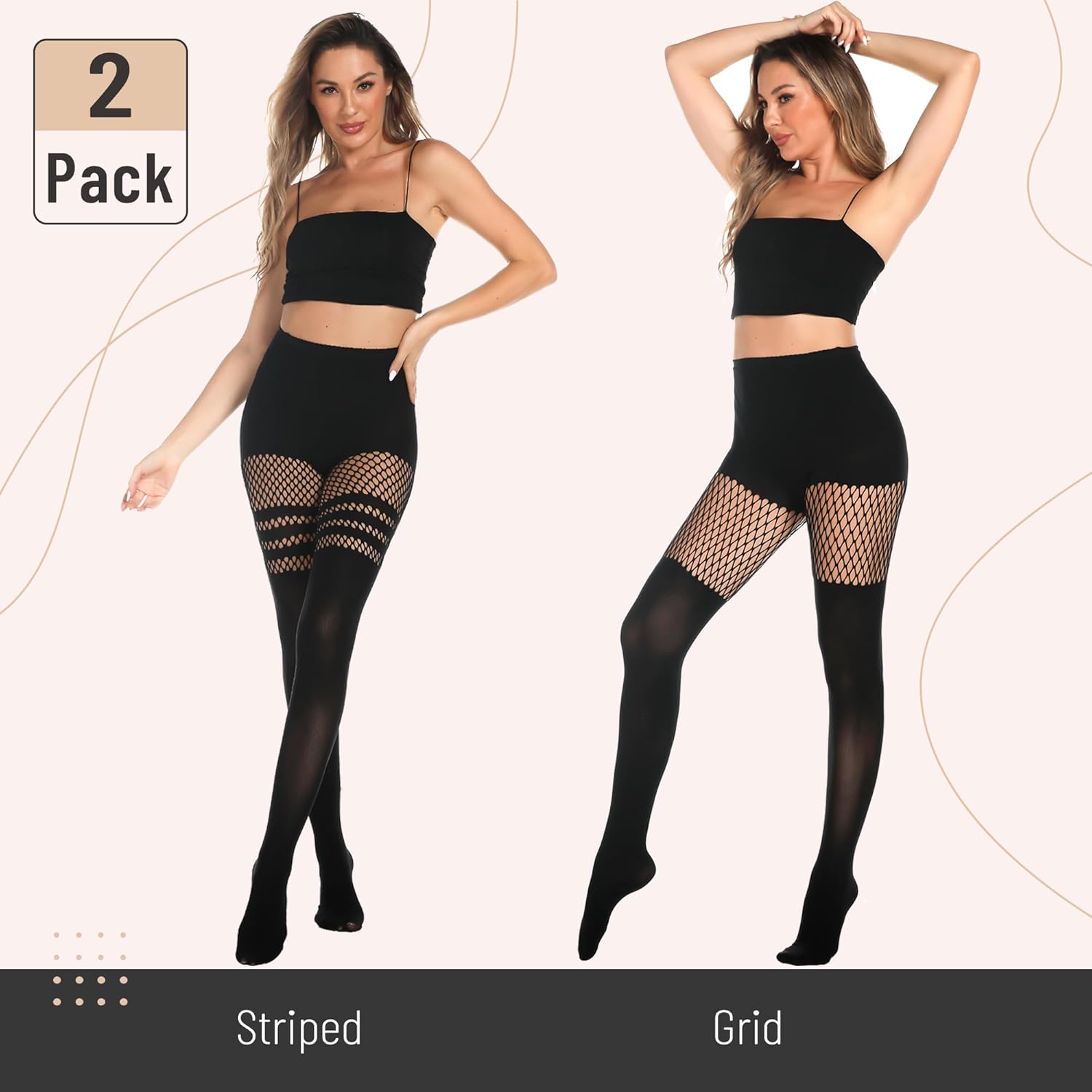 Womens Faux Thigh High Fishnet Stockings Stitching Opaque Pantyhose Mock Over the Knee Goth Striped Suspender Tights