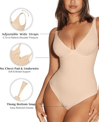 Vibecurve® Shapewear Bodysuit Tummy Control Slim Body Shaper Deep V Neck Thong Body Suits for Women