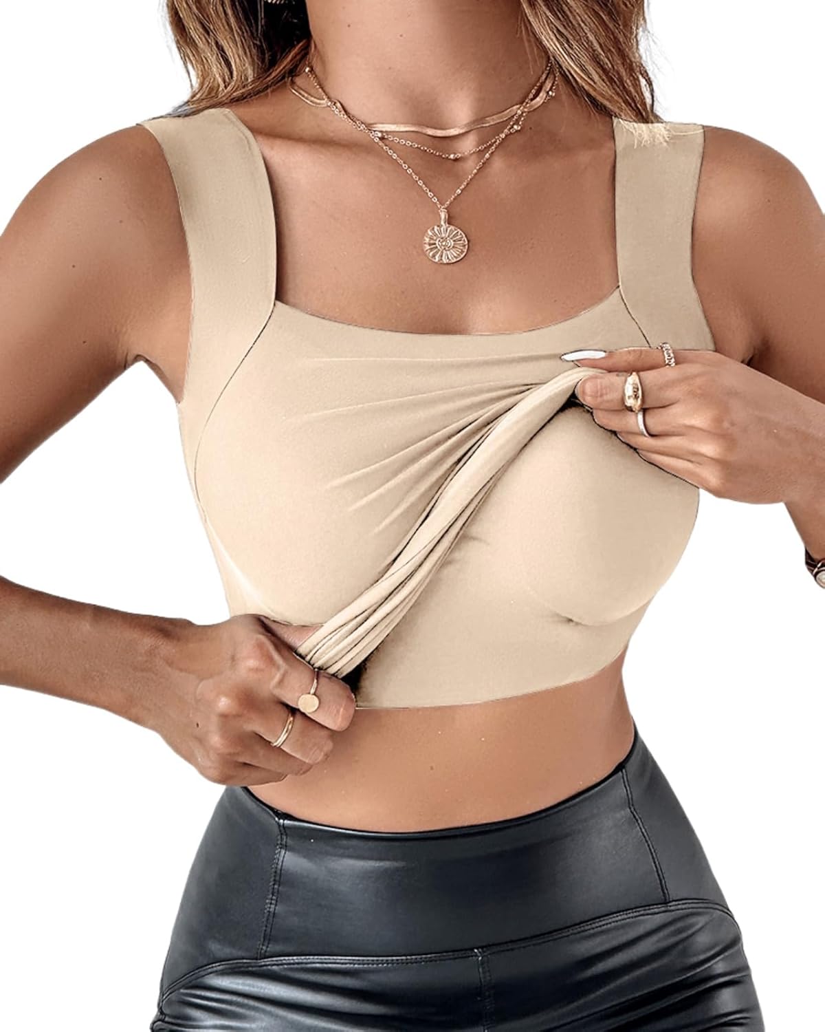 Vibecurve® Womens U Neck Shapewear Built-in Bra Tank High Strechy Sleeveless Slim Fit Tops Camisole Workout Tops
