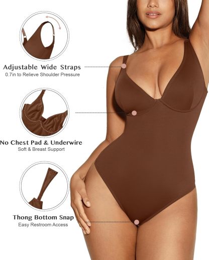 Vibecurve® Shapewear Bodysuit Tummy Control Slim Body Shaper Deep V Neck Thong Body Suits for Women