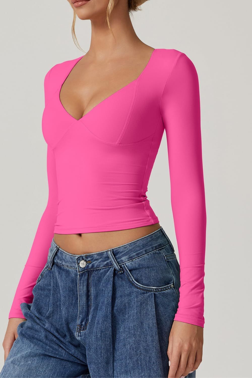 Vibecurve® Women's Long Sleeve Deep V Neck Crop Top Basic Style