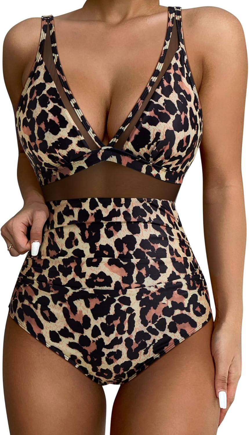 SUUKSESS Women Sexy Mesh Tummy Control Swimsuit Push Up High Waisted Bathing Suit