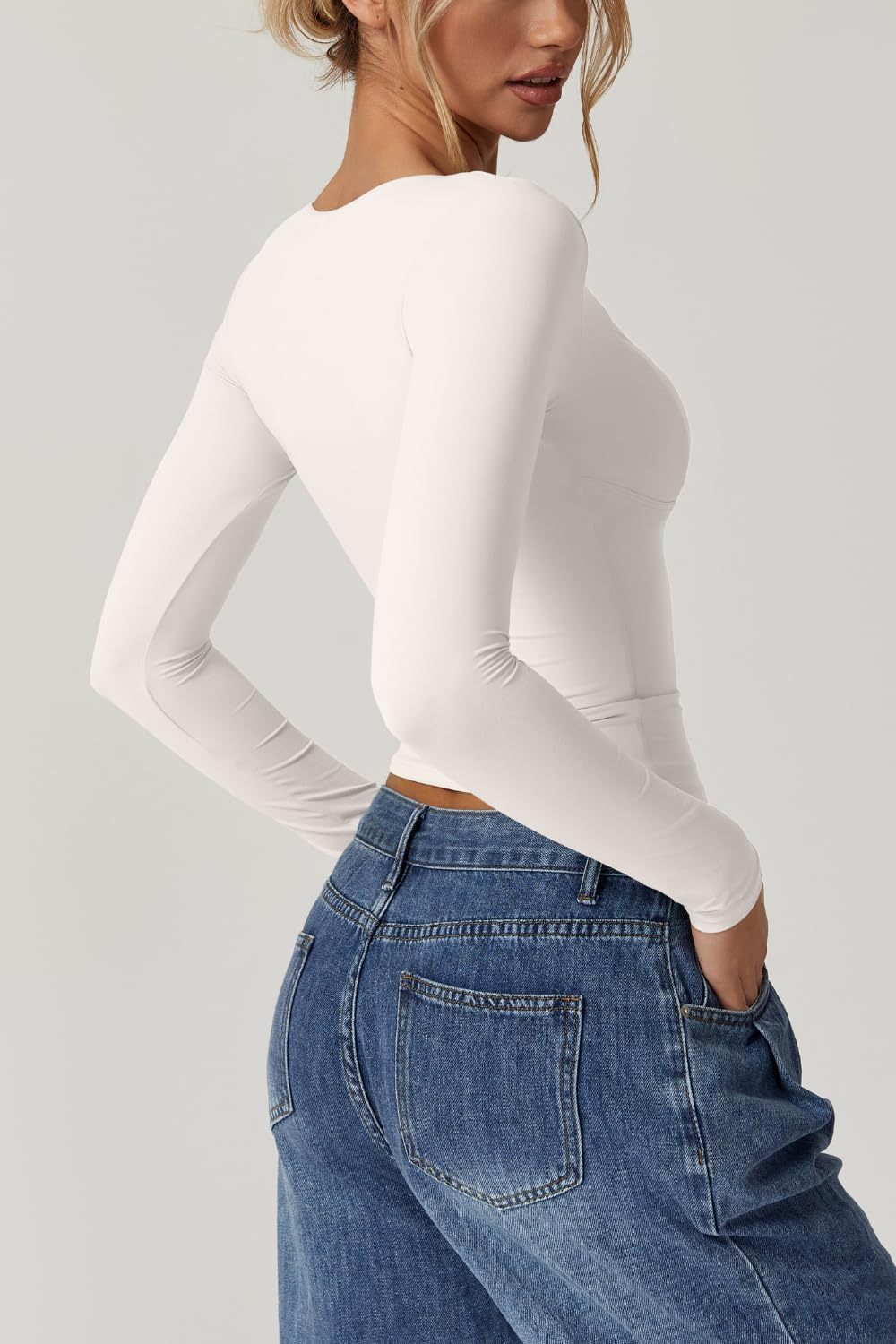 Vibecurve® Women's Long Sleeve Deep V Neck Crop Top Basic Style