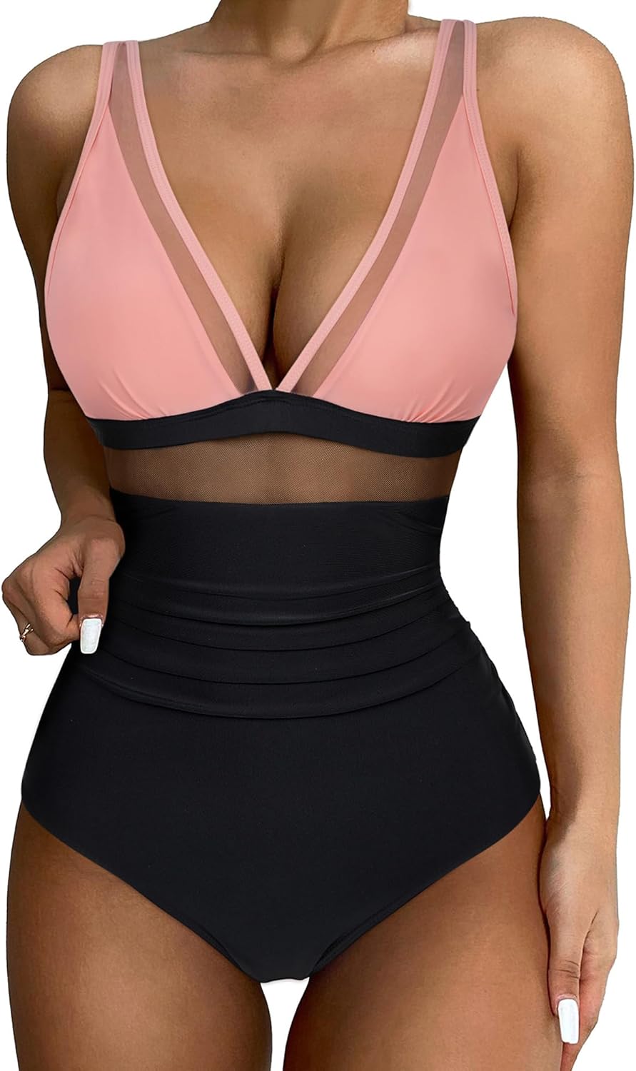 SUUKSESS Women Sexy Mesh Tummy Control Swimsuit Push Up High Waisted Bathing Suit