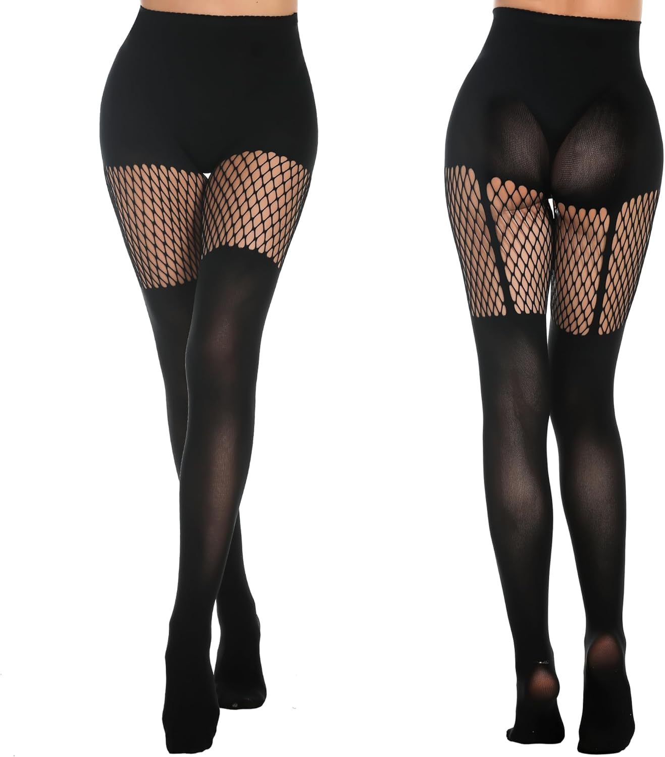 Womens Faux Thigh High Fishnet Stockings Stitching Opaque Pantyhose Mock Over the Knee Goth Striped Suspender Tights