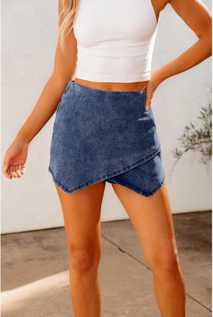 luvamia Jean Skorts for Woman High Waisted Pull On Stretchy Denim Wrap Skirt with Shorts Trendy Asymmetrical Skort