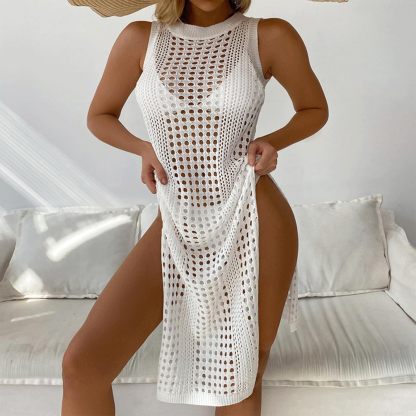Vibecurve®Swimsuit Women Cover Up Round Neck Sleeveless Breathable Knitted Crochet Dress with High Side Slit