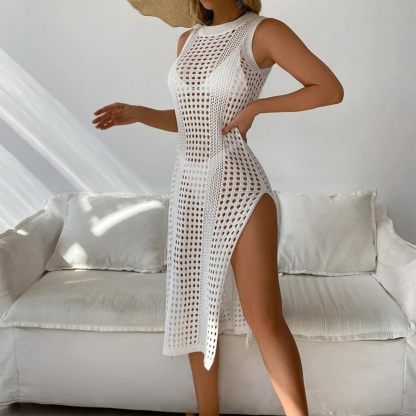 Vibecurve®Swimsuit Women Cover Up Round Neck Sleeveless Breathable Knitted Crochet Dress with High Side Slit