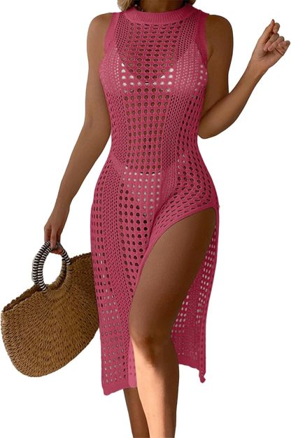 Vibecurve®Swimsuit Women Cover Up Round Neck Sleeveless Breathable Knitted Crochet Dress with High Side Slit