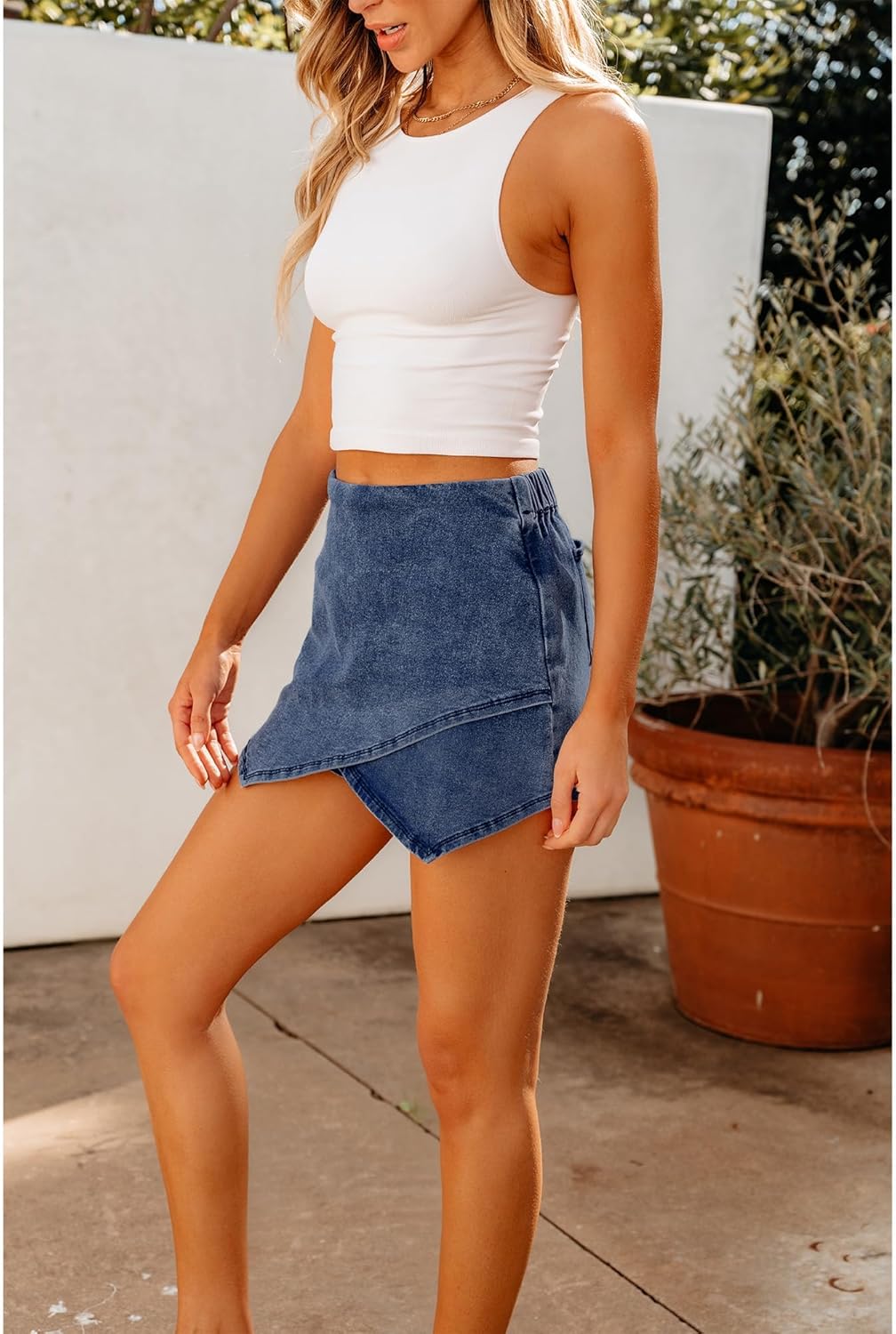 luvamia Jean Skorts for Woman High Waisted Pull On Stretchy Denim Wrap Skirt with Shorts Trendy Asymmetrical Skort