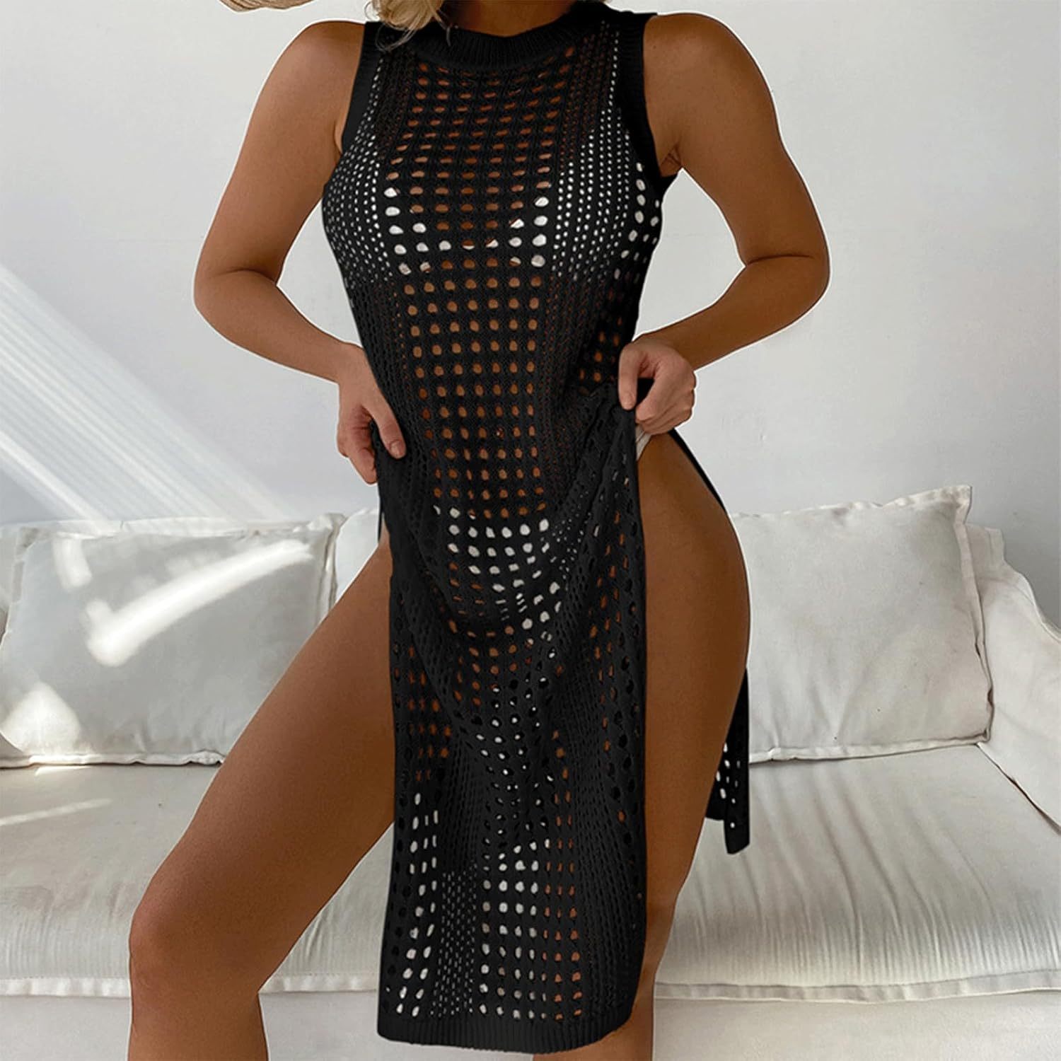 Vibecurve®Swimsuit Women Cover Up Round Neck Sleeveless Breathable Knitted Crochet Dress with High Side Slit