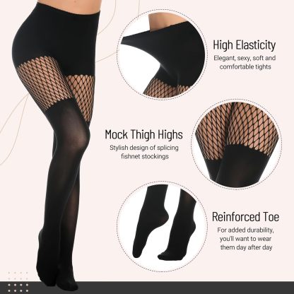 Womens Faux Thigh High Fishnet Stockings Stitching Opaque Pantyhose Mock Over the Knee Goth Striped Suspender Tights