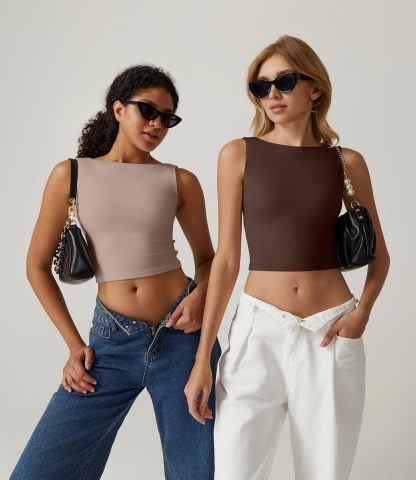 Vibecurve® Women's Sexy Backless Sleeveless Short Top With High Neck Slim Y2k Short T-Shirt