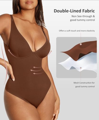 Vibecurve® Shapewear Bodysuit Tummy Control Slim Body Shaper Deep V Neck Thong Body Suits for Women