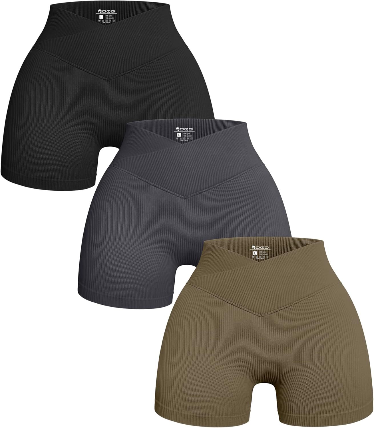 Women's 3 Piece Yoga Shorts Ribbed Seamless Workout High Waist Cross Over Athletic Leggings