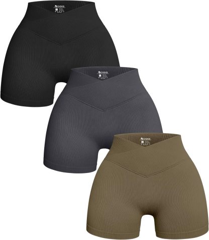 Women's 3 Piece Yoga Shorts Ribbed Seamless Workout High Waist Cross Over Athletic Leggings