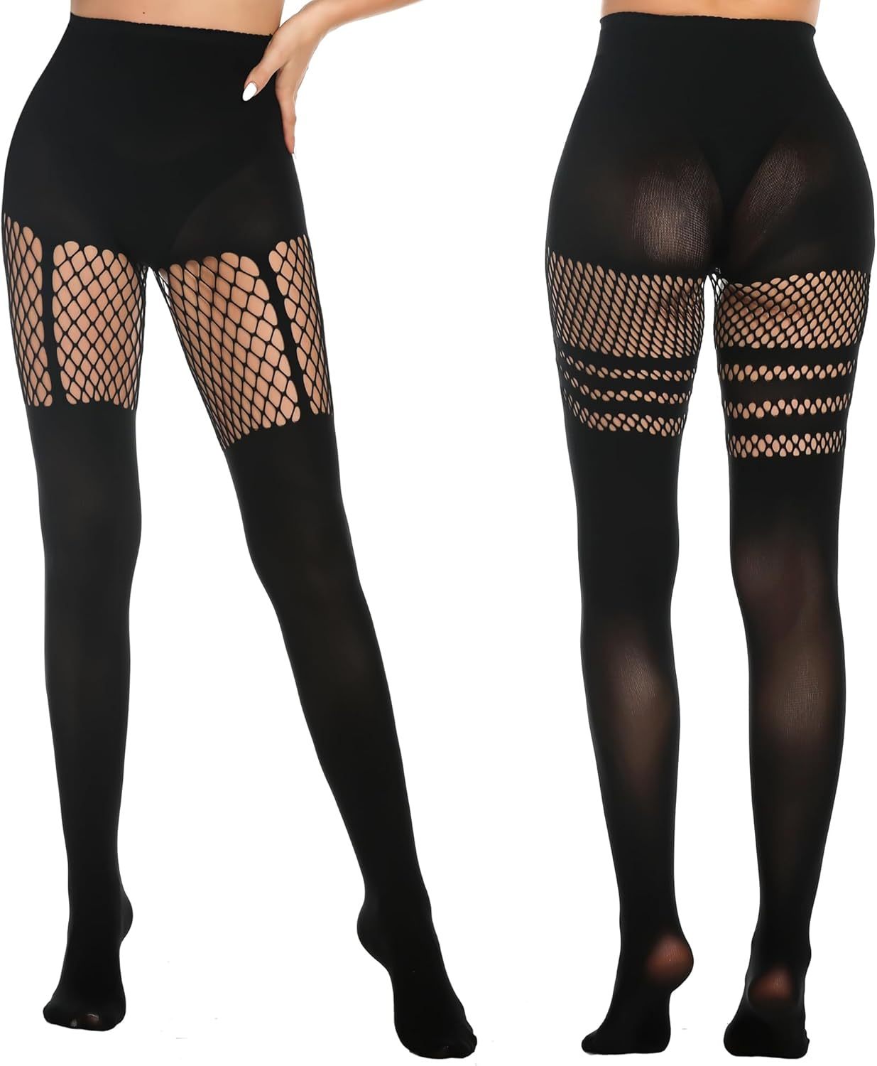 Womens Faux Thigh High Fishnet Stockings Stitching Opaque Pantyhose Mock Over the Knee Goth Striped Suspender Tights